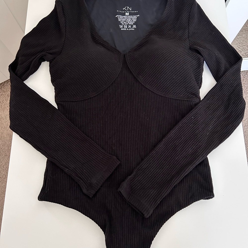 Black Ribbed Long Sleeve Bodysuit